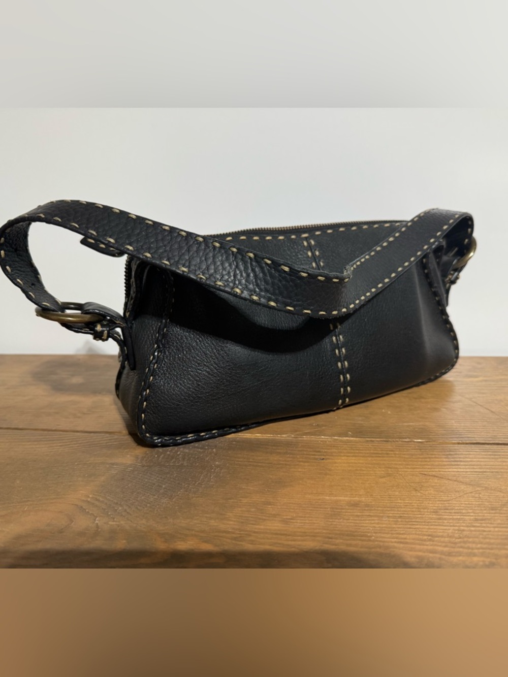 Max Studio Black Leather Shoulder Bag with Contrast Stitching